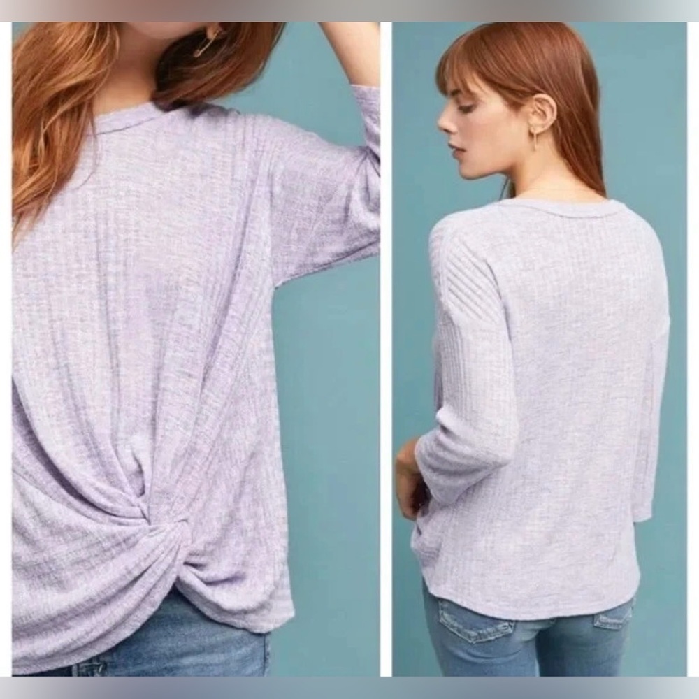 Anthropologie Lavender Space Dye Front Twist Knit Top Womens Small 3/4 Sleeve